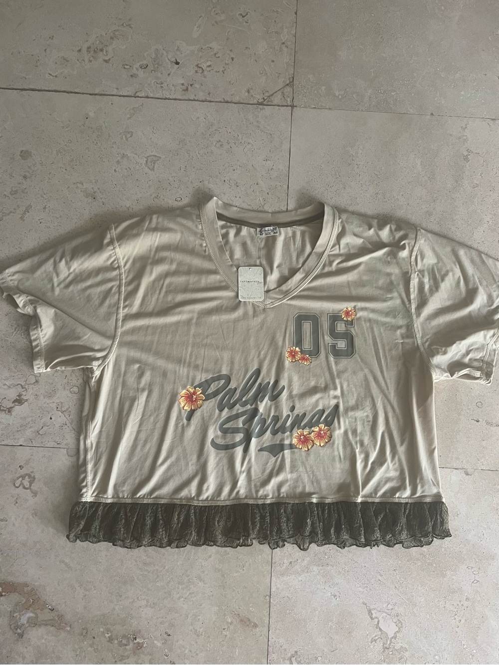 Free People Khaki Crop Lightweight Tee - tan with olive lace trim